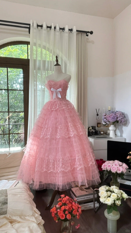 Cute Pink Sweetheart Neck Tulle Princess A-Line Prom Dress P3351