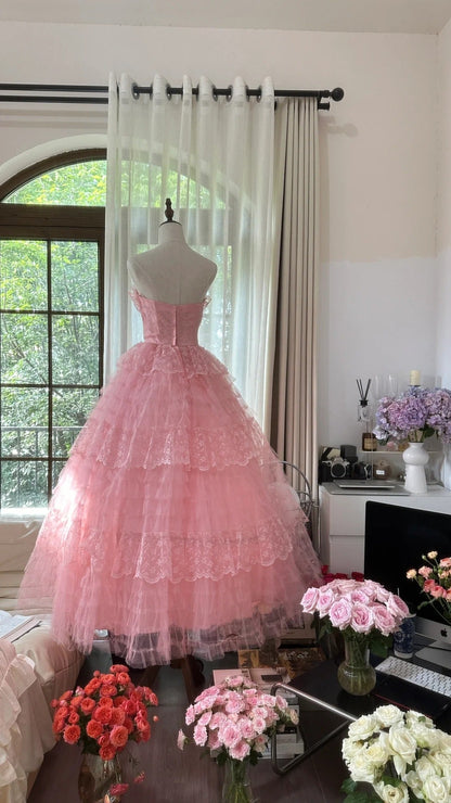Cute Pink Sweetheart Neck Tulle Princess A-Line Prom Dress P3351