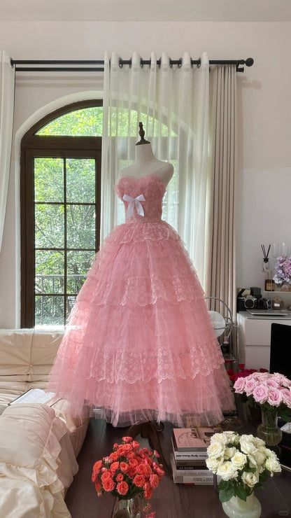 Cute Pink Sweetheart Neck Tulle Princess A-Line Prom Dress P3351