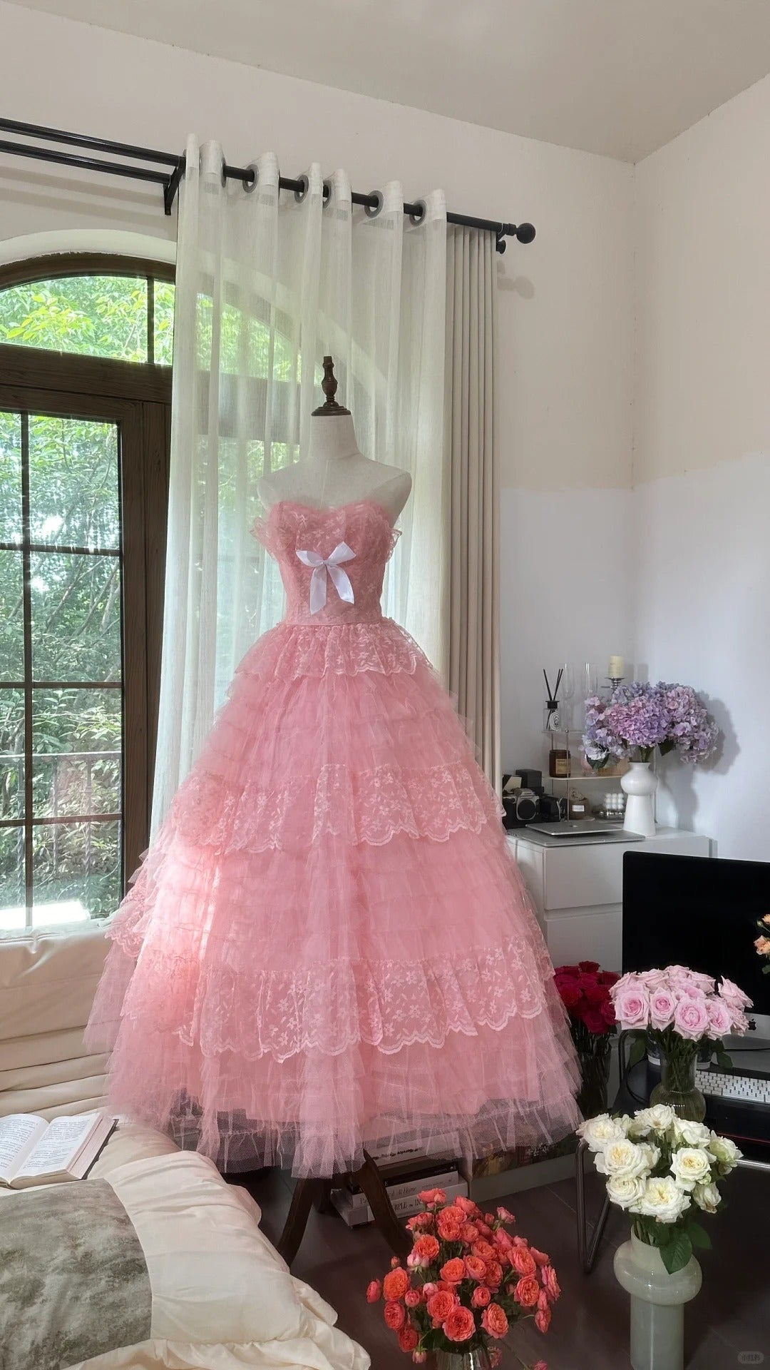 Cute Pink Sweetheart Neck Tulle Princess A-Line Prom Dress P3351