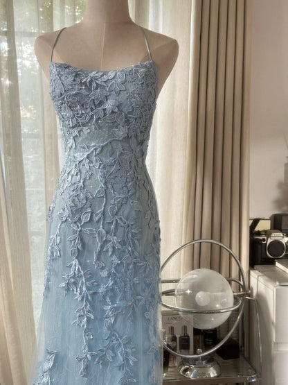 Vintage Light Blue Lace Beaded Open Back Short Train Prom Dress P3352