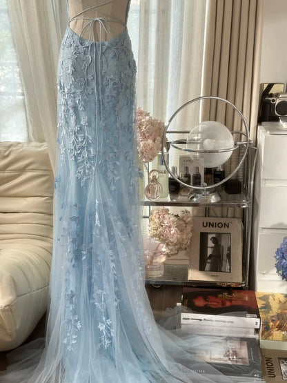 Vintage Light Blue Lace Beaded Open Back Short Train Prom Dress P3352