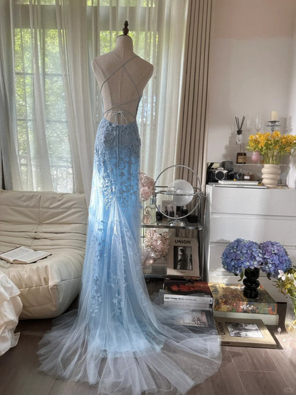Vintage Light Blue Lace Beaded Open Back Short Train Prom Dress P3352
