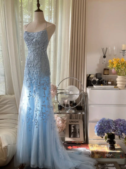 Vintage Light Blue Lace Beaded Open Back Short Train Prom Dress P3352