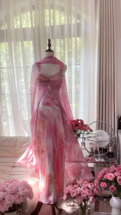 Pretty Pink Chiffon Print Long Flowing Prom Dress P3354