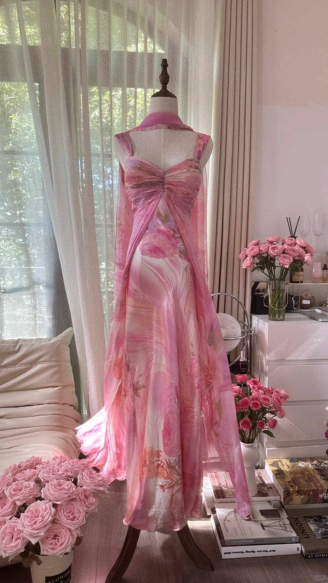 Pretty Pink Chiffon Print Long Flowing Prom Dress P3354
