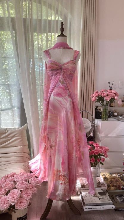 Pretty Pink Chiffon Print Long Flowing Prom Dress P3354