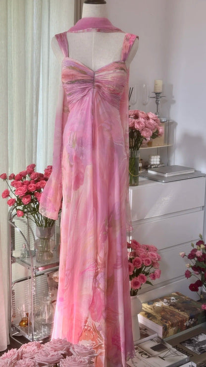 Pretty Pink Chiffon Print Long Flowing Prom Dress P3354