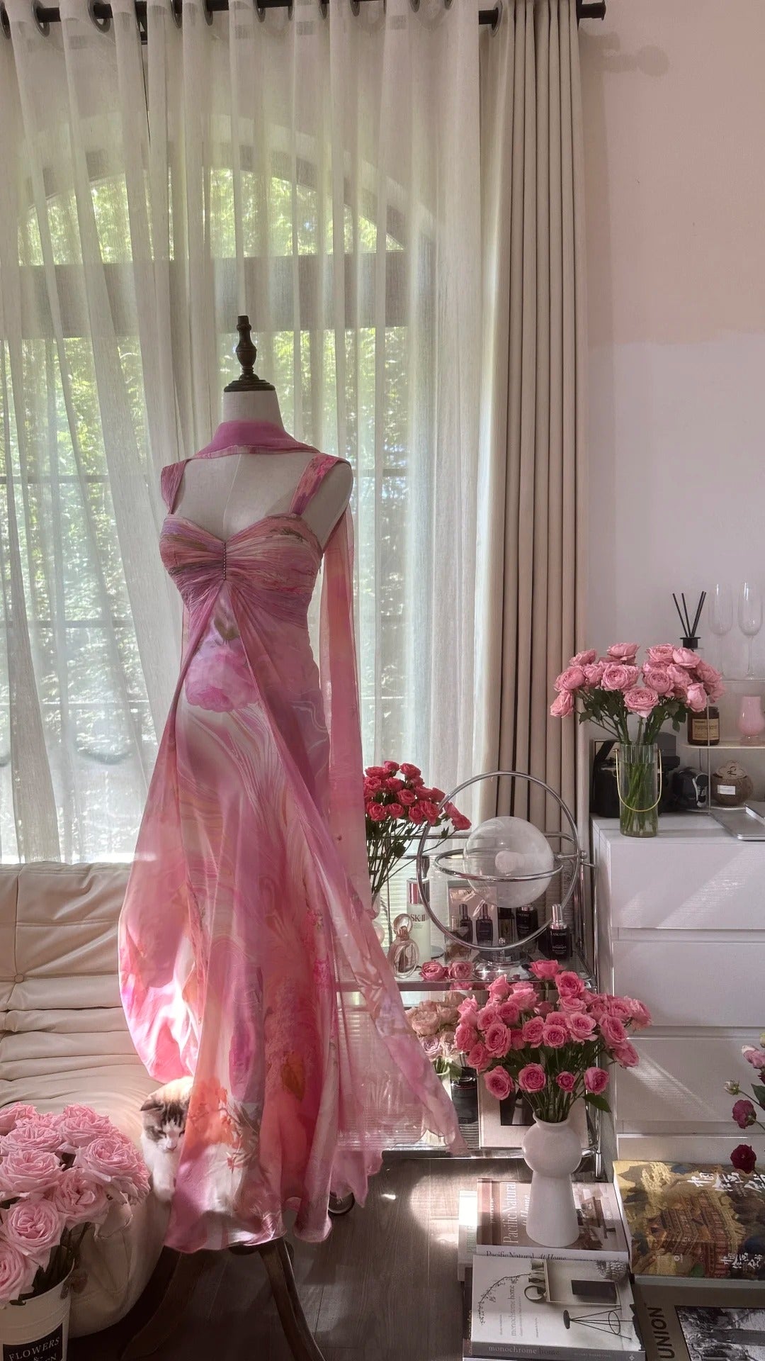 Pretty Pink Chiffon Print Long Flowing Prom Dress P3354