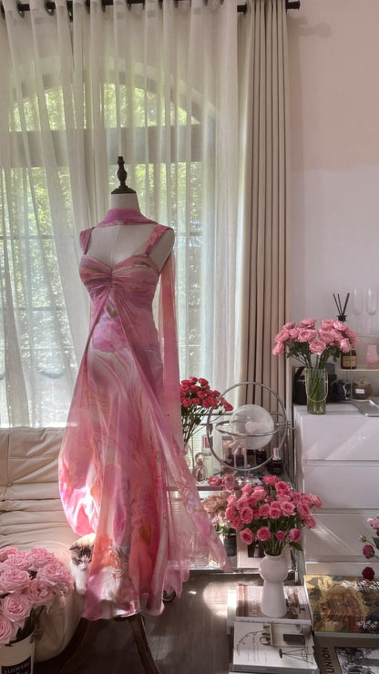 Pretty Pink Chiffon Print Long Flowing Prom Dress P3354