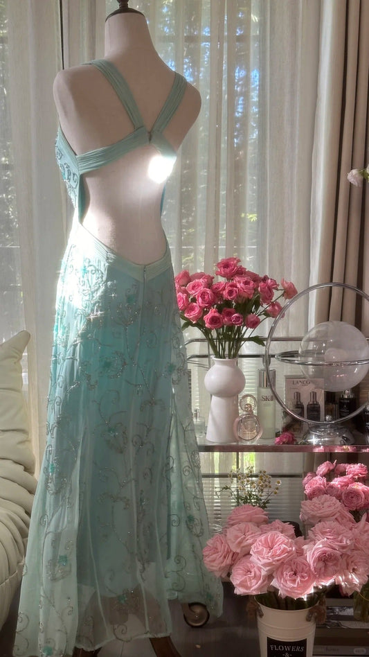 Stunning Blue Backless Beaded Chiffon Mermaid Maxi Prom Dress P3357