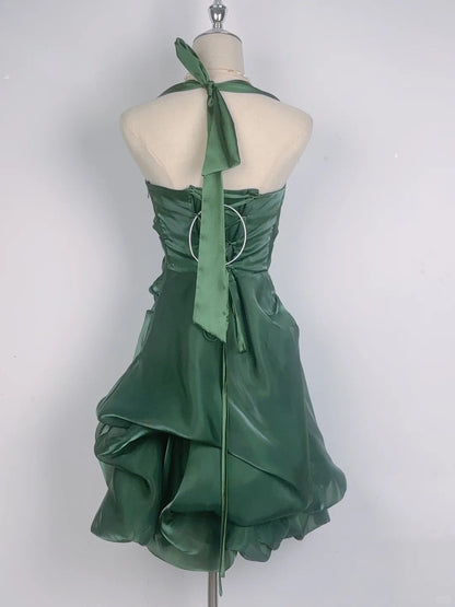 Vintage Dark Green Halter Neck Floral Mini Homecoming Dress P3359