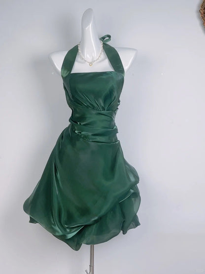 Vintage Dark Green Halter Neck Floral Mini Homecoming Dress P3359