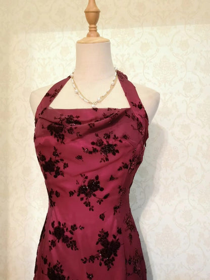 Vintage Chic Halter Neck Beaded Chiffon Prom Dress P3370