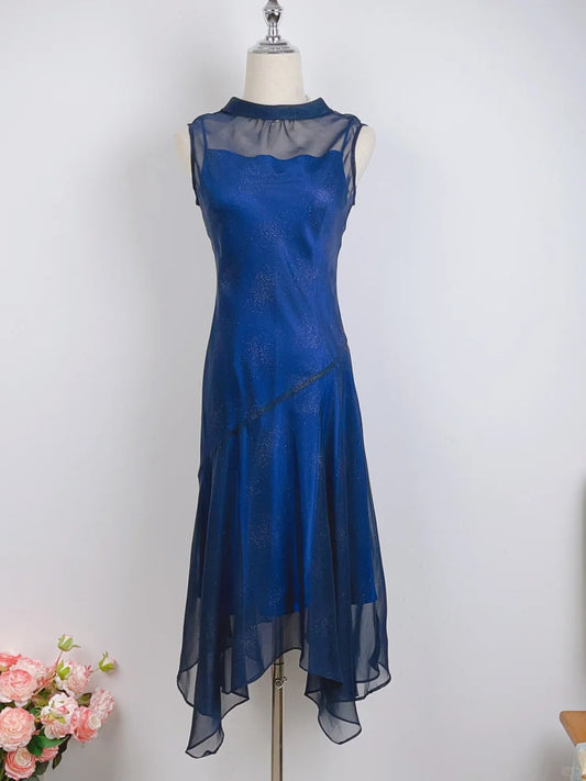 Elegant Starry Blue Round Neck Sparkling Prom Dress P3373
