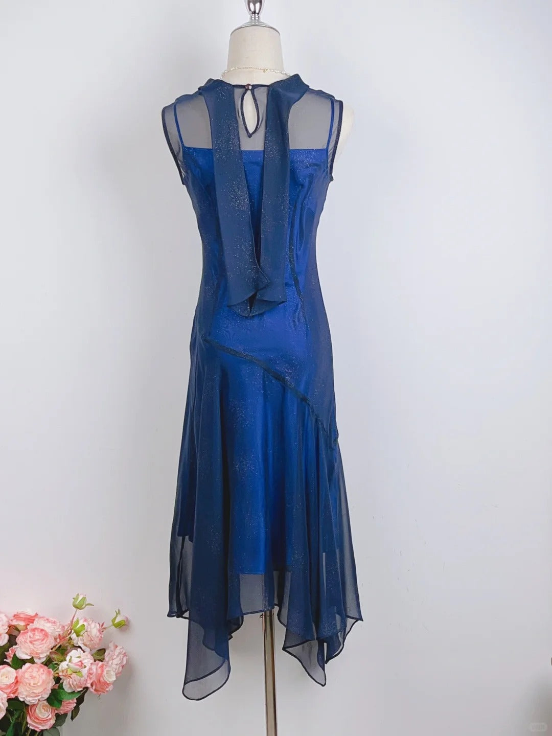 Elegant Starry Blue Round Neck Sparkling Prom Dress P3373