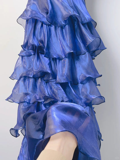 Cute Royal Blue Cake Skirt A-line Long Prom Dress P3375