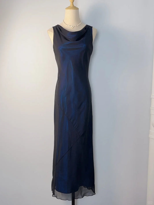 Elegant And Gentle Blue And Black Round Neck Sleeveless Long Prom Dress P3376