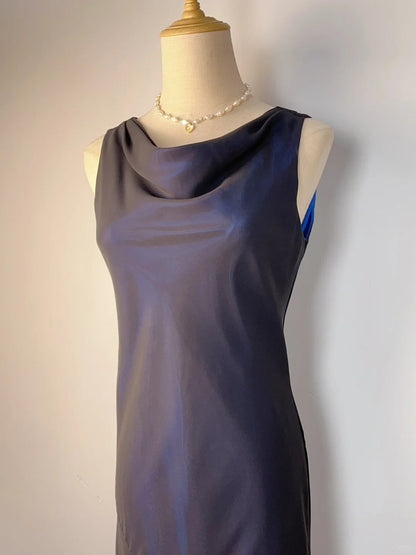 Elegant And Gentle Blue And Black Round Neck Sleeveless Long Prom Dress P3376