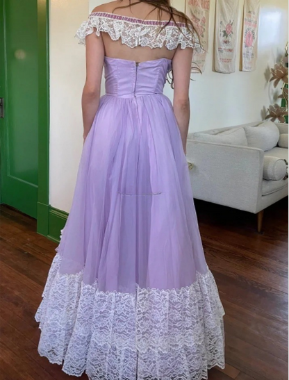 Princess Purple Vintage Lace Patchwork Front Open A-line Prom Dress P3379