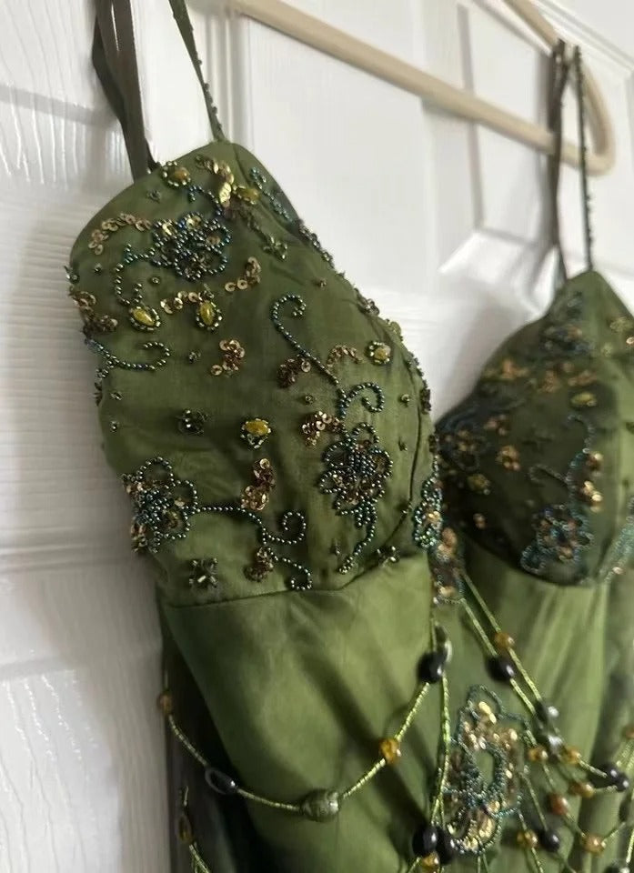 Vintage Dark Green Beaded Strap Chiffon Mermaid Slit Prom Dress P3381