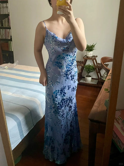 Elegant Spaghetti Strap Blue And Purple Printed Chic Long Prom Dress P3382