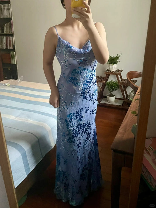 Elegant Spaghetti Strap Blue And Purple Printed Chic Long Prom Dress P3382