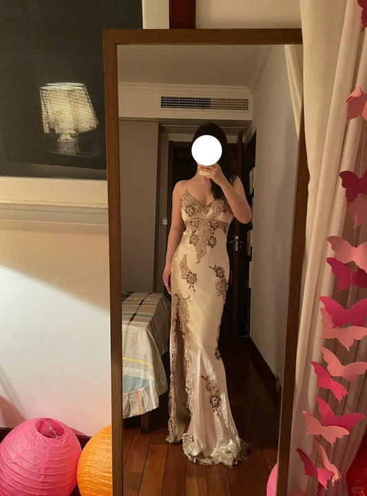 Sexy and Elegant Gold Beaded Lace V-Neck Slit Prom Dress P3385