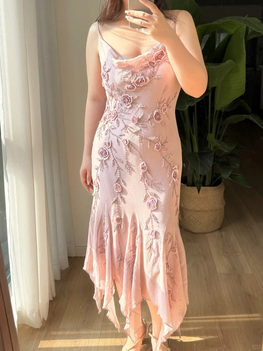 Cute Pink Mermaid Beaded Flower Spaghetti Straps Irregular Skirt Prom Dress P3386