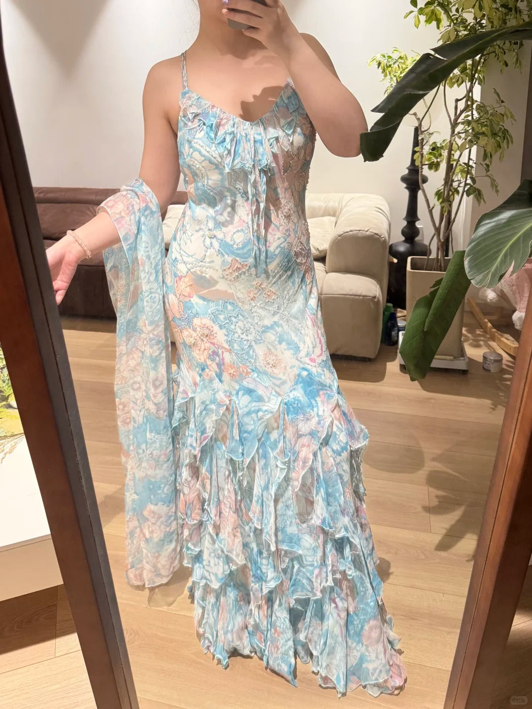 Stunning Blue Oil Painting Chiffon Ruffled Long Prom Dress P3388