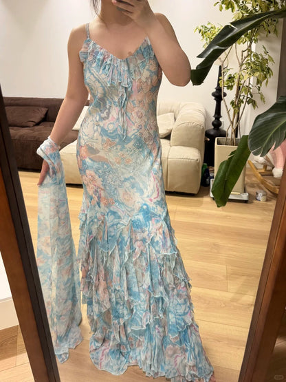 Stunning Blue Oil Painting Chiffon Ruffled Long Prom Dress P3388
