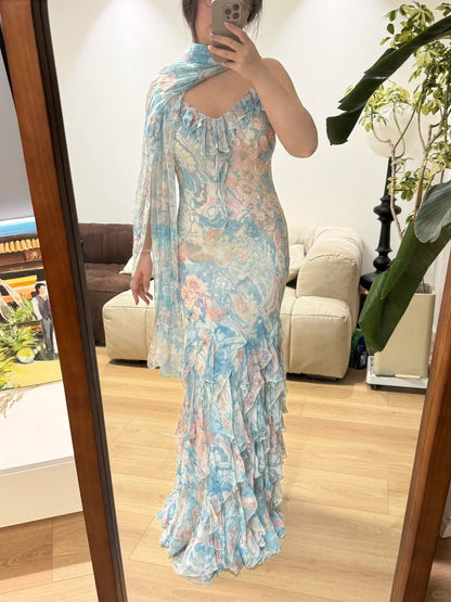 Stunning Blue Oil Painting Chiffon Ruffled Long Prom Dress P3388
