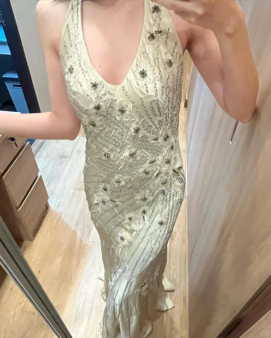 Vintage Elegant White Halter Backless Mermaid Satin Prom Dress P3389