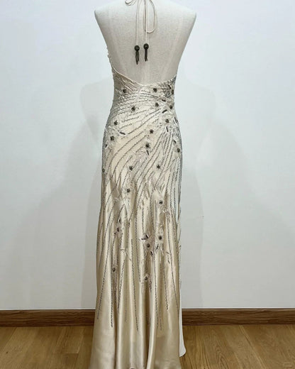 Vintage Elegant White Halter Backless Mermaid Satin Prom Dress P3389