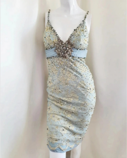 Stunning Blue Heavy Beaded V-neck Lace Bodycon Short Prom Dress P3391