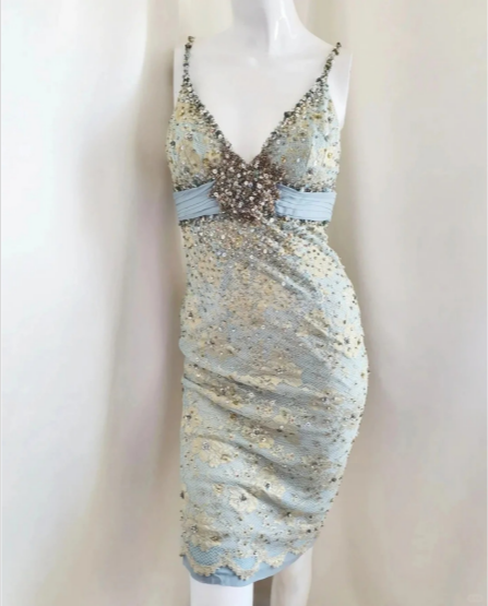 Stunning Blue Heavy Beaded V-neck Lace Bodycon Short Prom Dress P3391
