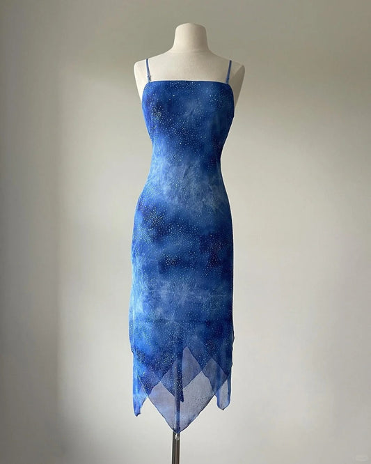 Stunning Blue Spaghetti Strap Beaded Fitted Prom Dress P3396