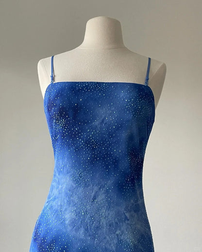 Stunning Blue Spaghetti Strap Beaded Fitted Prom Dress P3396