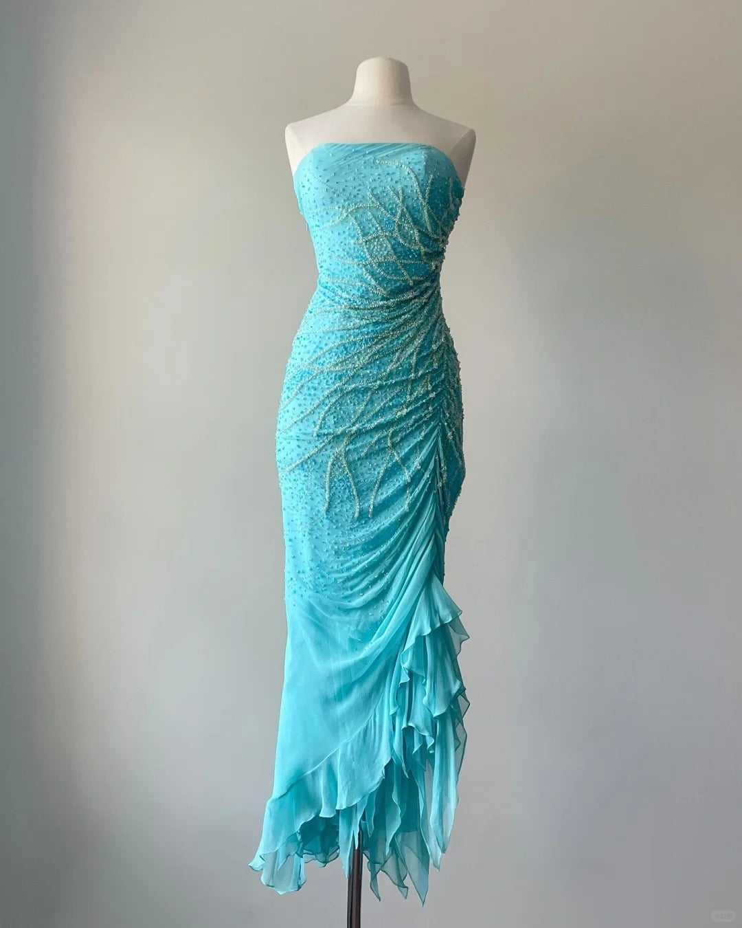 Elegant Blue Strapless Beaded Mermaid Chiffon Prom Dress P3397
