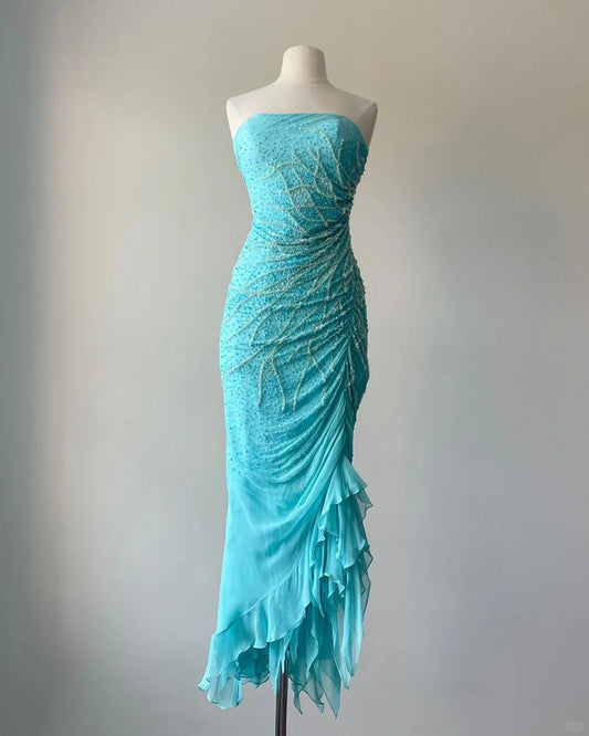 Elegant Blue Strapless Beaded Mermaid Chiffon Prom Dress P3397