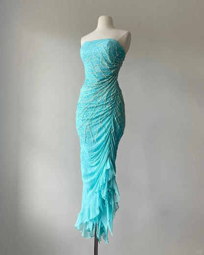 Elegant Blue Strapless Beaded Mermaid Chiffon Prom Dress P3397