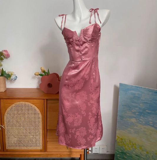 Cute Pink French V-neck Strapless Satin Prom Dress P3399