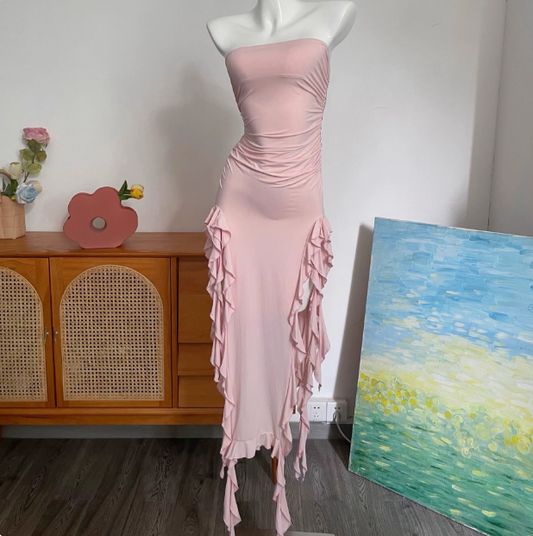 Sexy Hot Girl Tube Top Slit Ruffled Prom Dress P3400