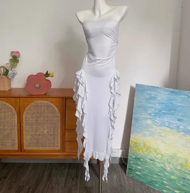 Sexy Hot Girl Tube Top Slit Ruffled Prom Dress P3400