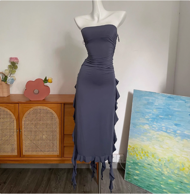 Sexy Hot Girl Tube Top Slit Ruffled Prom Dress P3400