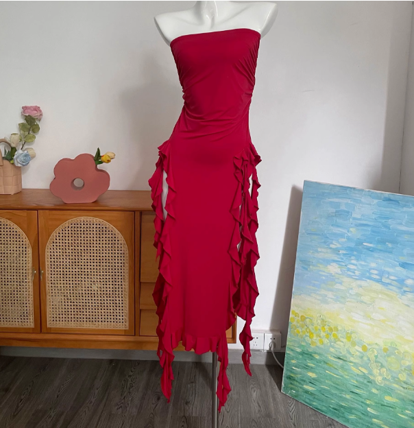 Sexy Hot Girl Tube Top Slit Ruffled Prom Dress P3400