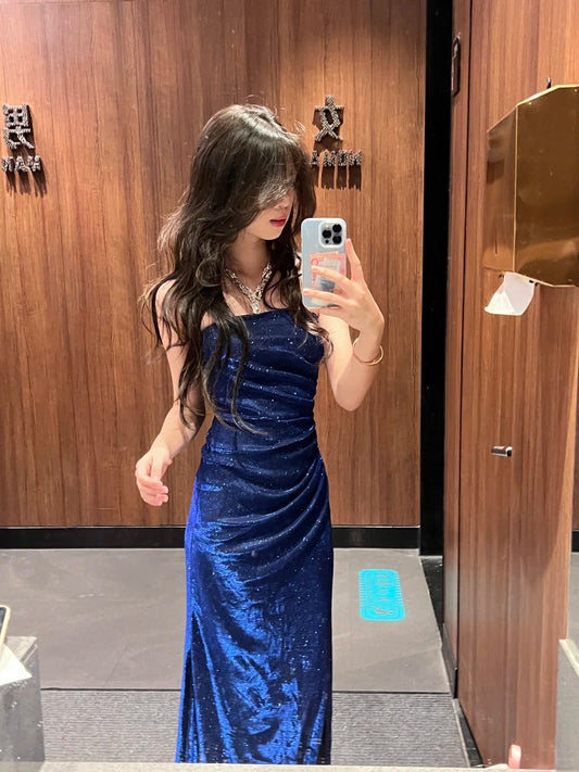 Shiny Strapless Sapphire Blue High Slit Mermaid Evening Dress Prom Dress P3402