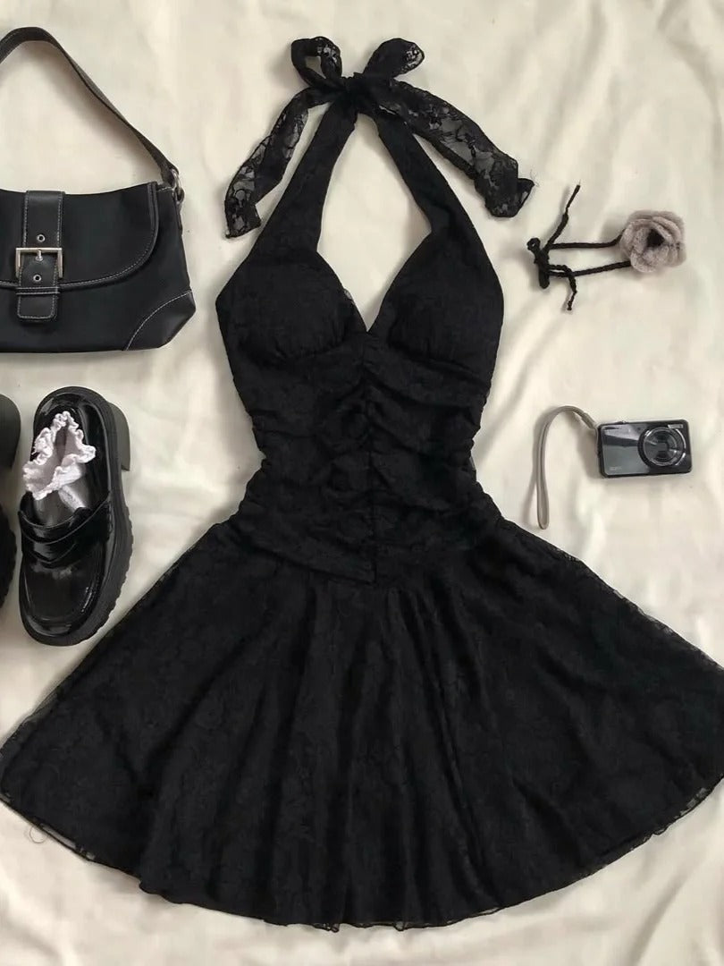 Cute Black Halter Neck Lace Mini Homecoming Dress P3403