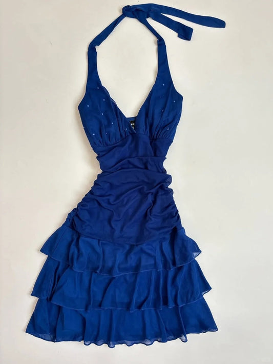 Elegant Royal Blue Halter Neck Chiffon Mini Homecoming Dress P3406