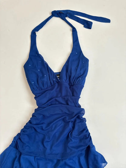 Elegant Royal Blue Halter Neck Chiffon Mini Homecoming Dress P3406